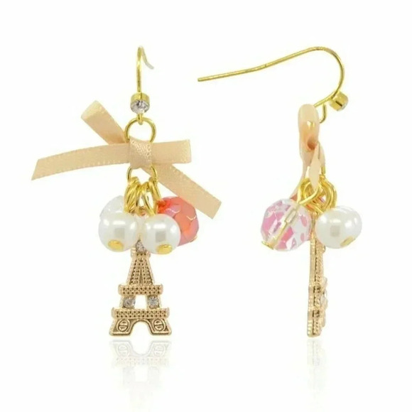 Handmade Paris Eiffel Tower 14K Gold Plated Czech Crystal Glass and Bow Earrings - Picture 1 of 3